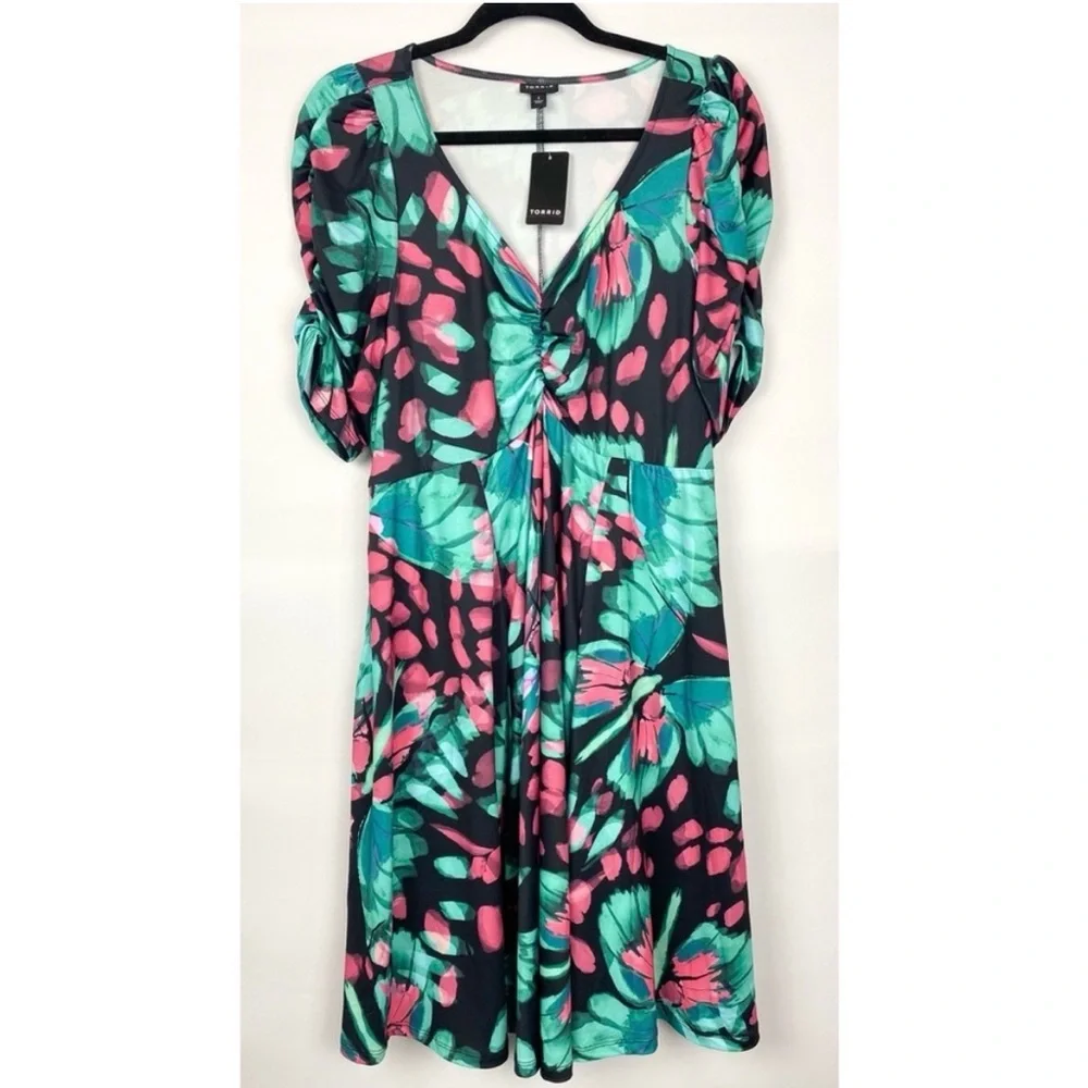 Torrid Mini Dress 1X Studio Knit Cinch Front Skater Butterfly Fairy - Picture 2 of 6